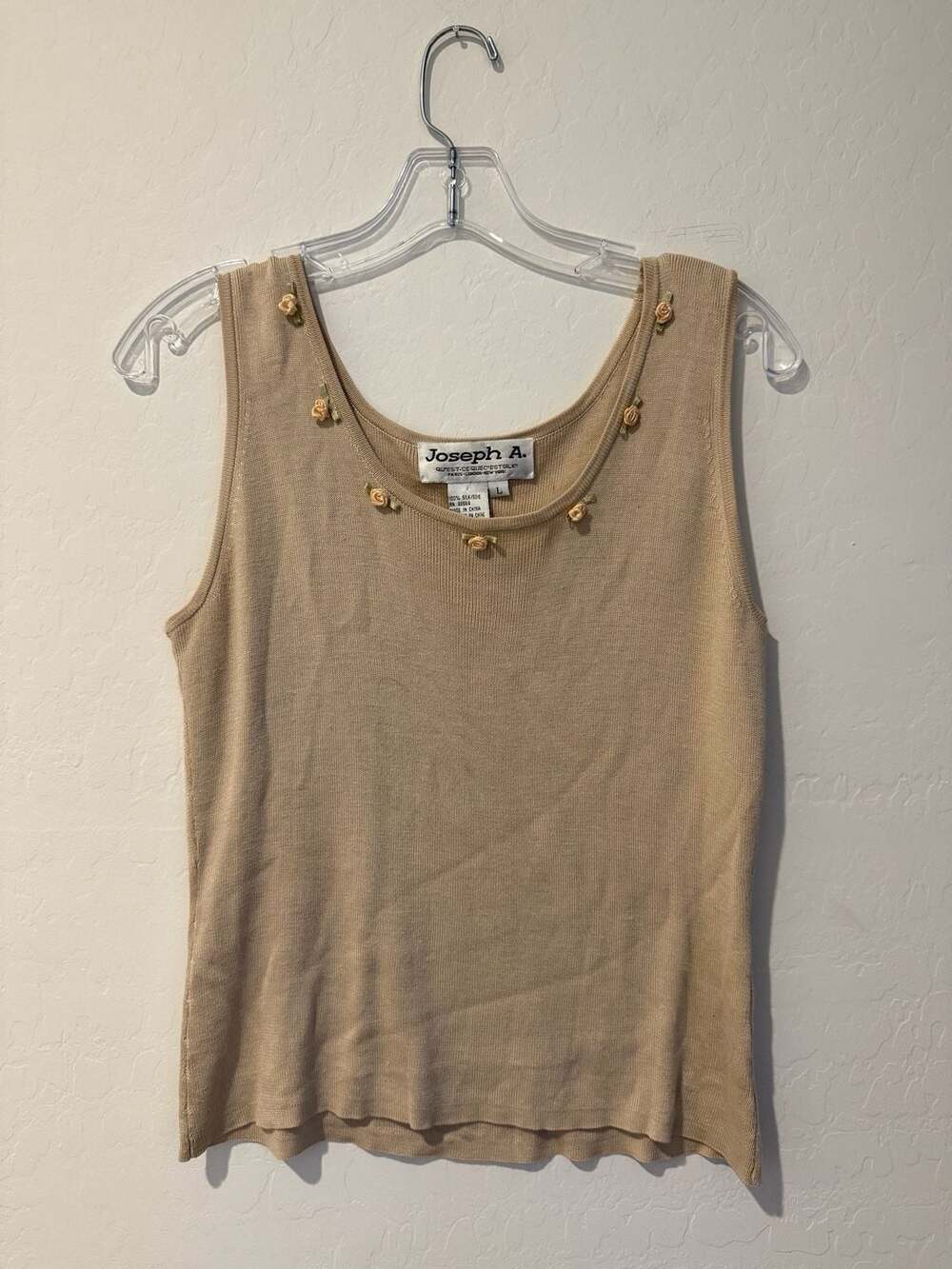 Vintage Joseph A. Tan 100% Silk Knit Sleeveless Tank Top with Rosette Accents